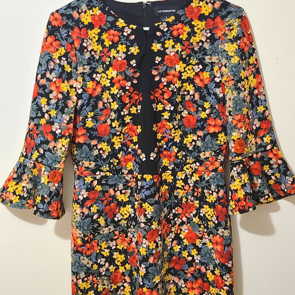 Liz Claiborne dress Midi Black Red Floral Sheath 4